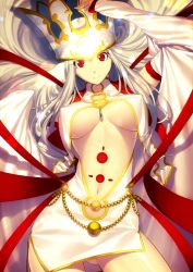 Rule 34 | 1girl, arm up, between breasts, breasts, breasts apart, bridal gauntlets, character cutout, closed mouth, contrapposto, covered erect nipples, cowboy shot, crown, detached sleeves, dress, dress of heaven, fate/grand order, fate (series), gluteal fold, hat, high collar, irisviel von einzbern, irisviel von einzbern (caster), jewelry, large breasts, long hair, long sleeves, looking at viewer, midriff, navel, necklace, official art, red eyes, red ribbon, ribbon, shima udon, shiny skin, smile, solo, standing, stomach, underboob, very long hair, white dress, white hair, white hat