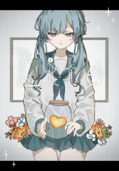 Rule 34 | 1girl, blue eyes, blue hair, blue neckerchief, blue sailor collar, blue skirt, blush, closed mouth, cowboy shot, dot nose, empty picture frame, flower, green flower, hatsune miku, heart, highres, holding, holding jar, inu totemo, jar, legs together, letterboxed, life (vocaloid), long bangs, long sleeves, looking down, low twintails, miniskirt, neckerchief, orange flower, parted bangs, picture frame, pleated skirt, sailor collar, school uniform, serafuku, shirt, simple background, skirt, smile, solo, song name, sparkle, thigh gap, thighs, twintails, vocaloid, white background, white flower, white shirt