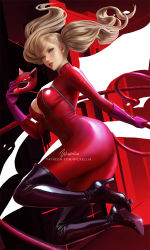 Rule 34 | 1girl, aqua eyes, atlus, blonde hair, bodysuit, boots, cleavage cutout, clothing cutout, earrings, fake tail, female focus, gloves, hair ornament, high heel boots, high heels, jewelry, knee boots, latex, mask, parted bangs, persona, persona 5, pink gloves, skin tight, solo, tail, takamaki anne, twintails, whip, wickellia, zipper