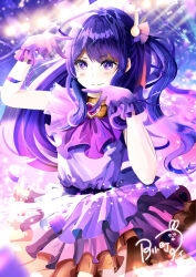 Rule 34 | 1girl, absurdres, belt, black belt, blush, bonjiri gushi, brooch, character signature, closed mouth, commentary request, confetti, cowboy shot, double v, dress, floating hair, frilled dress, frilled gloves, frills, gloves, hair between eyes, hair ornament, heart, heart brooch, highres, hoshino ai (oshi no ko), jewelry, light particles, long hair, one side up, oshi no ko, pink gloves, purple dress, purple eyes, purple hair, purple theme, rabbit hair ornament, shadow, sidelocks, smile, solo, sparkle, stage lights, star-shaped pupils, star (symbol), symbol-shaped pupils, v, variant set