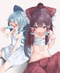 Rule 34 | 2girls, absurdres, bare shoulders, blue bow, blue hair, blush, bow, brown hair, chest sarashi, cirno, closed eyes, closed mouth, collarbone, dress, flat chest, food, frilled bow, frilled hair tubes, frills, hair tubes, hakurei reimu, highres, holding food, holding popsicle, hot, long hair, multiple girls, navel, open mouth, popsicle, red eyes, sarashi, short hair, sitting, sleeveless, sleeveless dress, sweat, touhou, tsune (tune), white dress