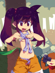 Rule 34 | 1boy, 1girl, :, animal in background, bad id, bad pixiv id, bear, black hair, bow, bow panties, bowtie panties, breasts, camera, commentary request, forest, front-tie top, hair bobbles, hair ornament, konami, long hair, mery (survival kids), metata, midriff, monkey, nature, navel, no, no bra, open fly, open mouth, orange shorts, palm tree, panties, pants, pants rolled up, panty peek, recording, aroused, shirt, shorts, small breasts, solo focus, survival kids, survival kids: kotou no boukensha, tree, twintails, underboob, underwear, underwear peek, unzipped, video camera, wet, wet clothes, wet shirt, white panties