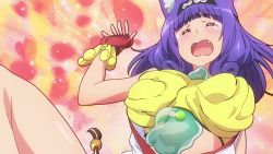 Rule 34 | 1girl, animal ears, animated, anime screenshot, ass, ass focus, audible speech, between breasts, bike shorts, blue eyes, blush, bouncing breasts, breasts, cat ears, cat tail, cleavage, futoku no guild, hitamu kyan, large breasts, purple hair, saliva, screencap, shorts, slime, sound, tail, video