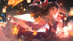 Rule 34 | 1girl, absurdres, ascot, bow, breasts, brown eyes, brown hair, bug, butterfly, cowboy shot, detached sleeves, floating hair, frills, hair bow, hair tubes, hakurei reimu, highres, huge filesize, idoukunn, bug, lantern, light particles, long hair, looking at viewer, medium breasts, microphone, microphone stand, midriff, nontraditional miko, open mouth, outstretched hand, sarashi, sidelocks, smile, solo, speaker, standing, touhou, wide sleeves