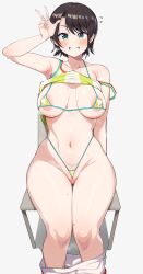 Rule 34 | alternate breast size, areola slip, armpits, bikini, black hair, blue eyes, blush, breasts, breasts apart, chamchami, clothes lift, clothes pull, curvy, dot nose, green bikini, grin, hand up, highres, hip bones, hololive, large breasts, legs together, looking at viewer, micro bikini, on bench, oozora subaru, shirt lift, short hair, shorts, shorts pull, simple background, sitting, smile, steam, sweat, swimsuit, thigh gap, v, variant set, virtual youtuber, white background, wide hips