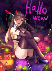 Rule 34 | 1girl, ankle ribbon, ass, bad id, bad pixiv id, basket, black bra, black hairband, black necktie, black panties, black thighhighs, blood, blue footwear, blush, bra, breasts, brown hair, commentary request, crossed ankles, dark background, detached collar, detached sleeves, fang, glowing, gongba laoge, hairband, halloween, hand in own hair, hand up, jack-o&#039;-lantern, knees up, knife, lace, lace-trimmed bra, lace-trimmed legwear, lace-trimmed sleeves, lace trim, large breasts, leg ribbon, long hair, looking at viewer, necktie, on floor, open mouth, original, panties, pumpkin, red hair, red ribbon, reflection, reflective floor, ribbon, scar, shoes, sitting, solo, straight hair, teeth, thighhighs, underwear, underwear only, upper teeth only