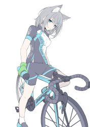Rule 34 | 1girl, absurdres, animal ear fluff, animal ears, bicycle, black shirt, black shorts, blue archive, blue eyes, bottle, breasts, closed mouth, cross hair ornament, gloves, green gloves, grey hair, hair ornament, highres, holding, holding bottle, masabodo, medium breasts, medium hair, shiroko (blue archive), shiroko (cycling) (blue archive), shirt, shoes, short sleeves, shorts, simple background, solo, white background