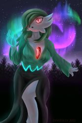 Rule 34 | 2022, aurora, breasts, cleavage, creatures (company), divifilly, dress, game freak, gardevoir, gen 3 pokemon, glowing, glowing eyes, gown, green hair, hair over one eye, highres, long hair, looking up, medium breasts, night, night sky, nintendo, open mouth, original, pokemon, pokemon (creature), red eyes, signature, sky