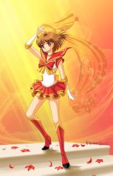 Rule 34 | bishoujo senshi sailor moon, boots, brown hair, commission, gloves, gold trim, highres, leaf, maple leaf, red eyes, red footwear, sailor astarte, sailor moon musical, short hair, signature, solo, sparkle, stairs, white gloves
