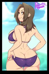 Rule 34 | 1girl, adjusting clothes, adjusting swimsuit, agawa ryou, artist name, ass, back, bad id, bad tumblr id, bikini, breasts, brown eyes, brown hair, butt crack, from behind, hands on own hips, highres, large breasts, long hair, looking back, original, purple bikini, sideboob, skindentation, smile, solo, swimsuit, tan, tanline, thigh gap, thighs, underboob
