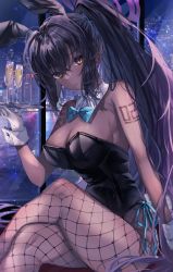 Rule 34 | 1girl, absurdres, animal ears, black hair, black leotard, blue archive, blue bow, blue bowtie, bow, bowtie, breasts, brown eyes, bunny day, cleavage, closed mouth, crossed legs, cup, dark-skinned female, dark skin, detached collar, drinking glass, highleg, highleg leotard, highres, holding, holding tray, karin (blue archive), karin (bunny) (blue archive), large breasts, leotard, long hair, looking at viewer, number tattoo, playboy bunny, rabbit ears, shiny clothes, shiny skin, sitting, solo, sorashima (117), tattoo, thong leotard, tray, very long hair, wide hips