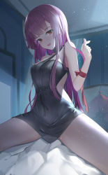 Rule 34 | 1girl, :d, bare shoulders, bed, bed sheet, black dress, blush, breasts, collarbone, commentary, dress, fang, girls&#039; frontline, highres, indoors, large breasts, long hair, looking at viewer, medium breasts, official alternate costume, on bed, open mouth, purple hair, red eyes, ribbon, sitting, sleeveless, sleeveless dress, smile, solo, spread legs, wa2000 (ballroom interlude) (girls&#039; frontline), wa2000 (girls&#039; frontline), zoneky