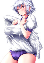 Rule 34 | 1girl, :/, alternate costume, blush, breasts, buruma, closed mouth, cowboy shot, feathered wings, gym uniform, half updo, highres, kishin sagume, large breasts, looking at viewer, puffy short sleeves, puffy sleeves, red eyes, short hair, short sleeves, silver hair, single wing, solo, touhou, white background, white wings, wings, zan (harukahime)