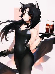 Rule 34 | 1girl, absurdres, alternate costume, animal ears, arknights, bare shoulders, black bow, black bowtie, black gloves, black hair, black leotard, black pantyhose, blush, bow, bowtie, breasts, cleavage, cola, collar, commentary, cowboy shot, detached collar, dog ears, gloves, gupipy, highres, holding, holding tray, leotard, long hair, looking at viewer, nontraditional playboy bunny, pantyhose, playboy bunny, saga (arknights), simple background, small breasts, smile, solo, strapless, strapless leotard, tray, white background, white collar, yellow eyes