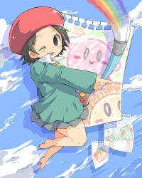 Rule 34 | 1girl, adeleine, barefoot, blush stickers, brown hair, cloud, collared shirt, commentary request, hat, holding, holding paintbrush, kirby, kirby (series), maxim tomato, miniskirt, nintendo, one eye closed, oosuzu aoi, outstretched arm, paintbrush, painting (action), palette (object), paper, rainbow, red headwear, shadow, shirt, short hair, skirt, sky, smile, solo focus, teeth, thighs, waddle dee