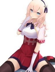 Rule 34 | 1girl, absurdres, azur lane, blonde hair, blue eyes, blue ribbon, brown footwear, brown thighhighs, commentary request, daily (daily178900), elbow gloves, fingerless gloves, gloves, hair between eyes, head tilt, high-waist skirt, highres, leander (azur lane), loafers, looking at viewer, medium hair, neck ribbon, pleated skirt, red skirt, ribbon, shirt, shoes, short sleeves, simple background, sitting, skirt, solo, thighhighs, wariza, white background, white gloves, white shirt