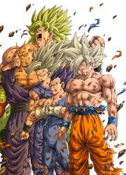 Rule 34 | 5boys, abs, angry, antennae, biceps, black wristband, blank eyes, blue wristband, broly (dragon ball super), clenched hand, closed mouth, colored skin, commentary request, debris, dougi, dragon ball, dragon ball super, dragon ball super broly, dragon ball super super hero, earrings, facial scar, fist in hand, frown, gloves, gohan beast, green hair, grey eyes, grey hair, grey sash, grin, hand up, hands up, highres, jewelry, legendary super saiyan, male focus, multiple boys, muscular, muscular male, namekian, no eyebrows, open mouth, orange piccolo, orange skin, pectorals, piccolo, pointy ears, purple eyes, purple hair, red eyes, rock, sash, scar, scar on cheek, scar on face, scratches, serious, simple background, smile, son gohan, son goku, spiked hair, standing, super saiyan, teeth, tongue, topless male, torn clothes, ultra ego (dragon ball), ultra instinct, v-shaped eyebrows, vegeta, veins, white background, white gloves, wristband, youngjijii