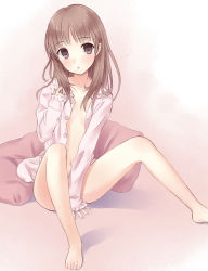 Rule 34 | 1girl, :o, atelier (series), atelier totori, barefoot, blush, bottomless, breasts, brown eyes, brown hair, feet, female focus, frilled sleeves, frills, highres, long hair, long legs, long sleeves, n.g., navel, no bra, open clothes, pillow, sitting, sleeves past wrists, small breasts, solo, totooria helmold, unbuttoned