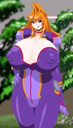 Rule 34 | 1girl, absurdres, blurry, blurry background, bodysuit, breasts, choker, choujuushin gravion, cleavage, curvy, diva mizuki, covered erect nipples, gloves, hands on own hips, high ponytail, highres, huge breasts, jyubei, lips, long hair, looking at viewer, navel, nipples, ponytail, smile, standing, stitched, tachibana mizuki, thick thighs, thighs, third-party edit, wide hips