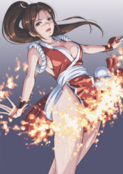 Rule 34 | 1girl, absurdres, bare shoulders, breasts, brown hair, cleavage, collarbone, fatal fury, fire, grey background, hand fan, high ponytail, highres, holding, holding fan, japanese clothes, medium breasts, ninja, open mouth, orange eyes, parted bangs, pelvic curtain, revealing clothes, shiranui mai, sleeveless, snk, solo, the king of fighters, thighs, tyanoki