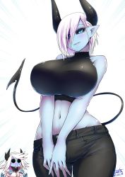 Rule 34 | 2girls, absurdres, bare shoulders, black pants, black sclera, black shirt, blood, blue eyes, blue skin, blush, breasts, colored sclera, colored skin, contrapposto, cowboy shot, curvy, dated, demon girl, demon horns, demon tail, denim, dolores (mazohaha), emphasis lines, eyelashes, eyes visible through hair, hair over one eye, highres, horns, huge breasts, looking at another, looking at viewer, midriff, multiple girls, musuko ga kawaikute shikatanai mazoku no hahaoya, navel, nose blush, nosebleed, pants, parted lips, pointy ears, shirt, short hair, siblings, signature, simple background, sisters, slit pupils, smile, solid circle eyes, solo focus, standing, tail, teresa (mazohaha), v arms, white background, white hair, wide hips, zyugoya