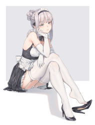Rule 34 | 1girl, apron, armpit crease, ass, bare shoulders, black dress, black footwear, bow, bowtie, closed mouth, crossed legs, dress, elbow gloves, expressionless, fangxiang cuoluan, feet, garter straps, gloves, grey eyes, hair bun, head rest, high heels, highres, invisible chair, long hair, looking at viewer, maid, maid apron, maid headdress, original, panties, pantyshot, pumps, shadow, shoe dangle, sidelocks, silver hair, single hair bun, sitting, skindentation, sleeveless, sleeveless dress, solo, thighhighs, toes, underwear, waist apron, white gloves, white panties, white thighhighs