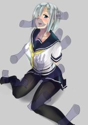 Rule 34 | 10s, 1girl, black pantyhose, blue eyes, blush, commentary request, covering another&#039;s mouth, crying, crying with eyes open, disembodied hand, from above, gagged, grabbing, grabbing another&#039;s breast, groping, hair ornament, hair over one eye, hairclip, hamakaze (kancolle), hand gagged, hand over another&#039;s mouth, hand over another's mouth, highres, kantai collection, multigrope, multiple hands, neck grab, neckerchief, pantyhose, pleated skirt, sailor collar, school uniform, serafuku, short hair, silver hair, sitting, skirt, tak (788507), tears, wariza, yellow neckerchief