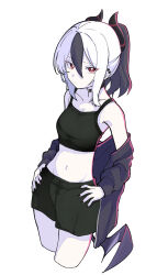 Rule 34 | 1girl, alternate costume, black choker, black hair, black horns, black jacket, black shorts, blue archive, breasts, bright pupils, choker, closed mouth, commentary request, cropped legs, cropped shirt, earclip, hands on own hips, highres, horns, jacket, jacket partially removed, kayoko (blue archive), looking at viewer, loungewear, midriff, multicolored hair, osunu, ponytail, purple wings, red eyes, shorts, simple background, single wing, small breasts, solo, two-tone hair, white background, white hair, white pupils, wings