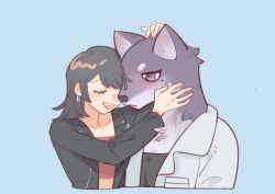 Rule 34 | 2girls, bang dream!, bang dream! it&#039;s mygo!!!!!, black hair, black jacket, black shirt, blue background, blush, closed eyes, collared shirt, commentary, cropped torso, dog, earrings, furrification, furry, furry female, furry with furry, hand on another&#039;s head, hashtag-only commentary, heads together, jacket, jewelry, long hair, multiple girls, open clothes, open jacket, open mouth, open shirt, purple eyes, red shirt, shiina taki, shirt, simple background, smile, takechi63, upper body, white shirt, yahata umiri, yuri