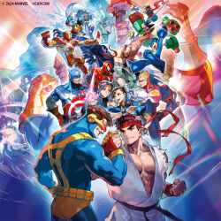 Rule 34 | 5girls, 6+boys, abs, akuma (street fighter), arm cannon, arm up, armor, avengers (series), bandaged arm, bandages, bat wings, beard, belt, blue eyes, bodysuit, bracelet, brown eyes, brown hair, bun cover, capcom, cape, captain america, captain america (series), captain commando, captain commando (character), chun-li, claws, clenched hand, crossover, cyclops (x-men), darkstalkers, doctor doom, dougi, facial hair, fangs, fantastic four, from behind, gloves, glowing, glowing eyes, green hair, grin, hair ribbon, hand on own hip, handshake, hat, head-mounted display, head wings, headband, helmet, highres, hood, ice, infinity gauntlet, infinity gems, iron man, iron man (series), jewelry, key visual, leg up, lipstick, long hair, long tongue, looking at another, m. bison, makeup, marvel, marvel super heroes, marvel super heroes vs. street fighter, marvel vs. capcom, marvel vs. capcom 2, mask, mecha, mega man (character), mega man (classic), mega man (series), mega man legends (series), mita chisato, mohawk, morrigan aensland, multiple boys, multiple girls, official art, orange hair, outstretched arm, outstretched arms, power armor, promotional art, psylocke, puffy short sleeves, puffy sleeves, red eyes, red scarf, ribbon, robot, ryu (street fighter), scarf, servbot (mega man), shield, short hair, short sleeves, sleeveless, smile, spider-man, spider-man (series), spiked bracelet, spikes, spread arms, star (symbol), steve rogers, storm (x-men), street fighter, strider (video game), strider hiryuu, superhero costume, sword, thanos, tongue, torn clothes, torn sleeves, tron bonne (mega man), utility belt, venom (marvel), weapon, white hair, wings, wolverine (x-men), x-men, x-men: children of the atom, x-men vs. street fighter, zangief