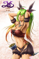Rule 34 | 1girl, armpits, arms behind head, arms up, blonde hair, breasts, cleavage, dark-skinned female, dark skin, falcom, female focus, gradient hair, green hair, highres, jewelry, lips, long hair, looking at viewer, medium breasts, midriff, multicolored hair, navel, necklace, aged up, orange hair, panties, parted lips, ricotta (ys), smile, solo, standing, tattoo, twintails, underwear, yellow eyes, ys, ys viii lacrimosa of dana