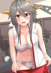 Rule 34 | 1girl, akahi242, breasts, brown eyes, collarbone, cowboy shot, grey hair, hair ornament, hairband, hairclip, haruna (kancolle), headgear, highres, indoors, kantai collection, large breasts, long hair, navel, panties, red skirt, sarashi, skirt, solo, standing, striped clothes, striped panties, torn clothes, underwear, undressing, white panties