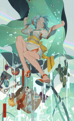 Rule 34 | 1girl, ;), alternate costume, alternate hairstyle, anklet, armpits, arms up, bare legs, bell, blanket, blue eyes, blue hair, blush, closed mouth, cucumber, double bun, drill, dripping, flower, food, full body, gourd, hair bun, hair ornament, hair scrunchie, japanese clothes, jewelry, jingle bell, jug (bottle), kawashiro nitori, key, kimono, leaf, lotus, matching hair/eyes, nail polish, necklace, no headwear, no legwear, obi, one eye closed, oversized object, pouch, rainbow, rei (sanbonzakura), sandals, sash, scrunchie, short hair, short kimono, short sleeves, smile, solo, text focus, toenail polish, toenails, touhou, translation request, twintails, two side up, water, water drop, wet, wide sleeves, wrench