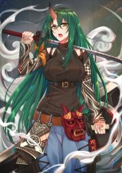 Rule 34 | 1girl, absurdres, arknights, bare shoulders, belt, breasts, brown belt, collarbone, commentary request, green hair, gu li, hair between eyes, highres, holding, holding sword, holding weapon, horned mask, horns, hoshiguma (arknights), hoshiguma (ronin huntress) (arknights), katana, large breasts, long hair, looking at viewer, mask, official alternate costume, open mouth, shirt, single horn, skin-covered horns, solo, steam, sword, teeth, unworn mask, upper teeth only, weapon