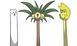 Rule 34 | 1girl, :3, alolan exeggutor, alolan form, animal, annoying dog, black eyes, blank eyes, blonde hair, blush, blush stickers, colored skin, creatures (company), crossover, dog, fang, fangs, game freak, gen 7 pokemon, happy, highres, kaips, looking at another, looking at viewer, looking to the side, nintendo, open mouth, pokemon, pokemon (creature), short hair, simple background, smile, solid oval eyes, steven universe, tongue, tongue out, trait connection, tree, undertale, white background, yellow diamond (steven universe), yellow skin