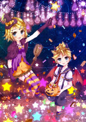 Rule 34 | 1boy, 1girl, blonde hair, brother and sister, garter belt, halloween, highres, jack-o&#039;-lantern, kagamine len, kagamine rin, necktie, pumpkin, siblings, star (symbol), striped clothes, striped thighhighs, thighhighs, tottsuan, twins, vocaloid, wand