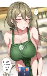 Rule 34 | 1girl, :p, absurdres, apron, barista, blush, bottomless, breasts, brown hair, card, collarbone, english text, green apron, hair between eyes, heart, heart-shaped pupils, highres, iced latte with breast milk (meme), large breasts, leaning forward, long hair, looking at viewer, mastercard, meme, mole, mole under mouth, naked apron, nipples, original, pink hair, smile, solo, speech bubble, sweat, symbol-shaped pupils, tongue, tongue out, topless, very long hair, yakimi 27
