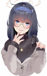 Rule 34 | 1girl, bad id, bad twitter id, black hair, blue archive, blue eyes, blue hairband, blush, cropped torso, glasses, hair between eyes, hairband, halo, highres, jewelry, long hair, looking at viewer, magaeshi, pendant, round eyewear, simple background, sleeves past wrists, smile, solo, sweater, ui (blue archive), white background