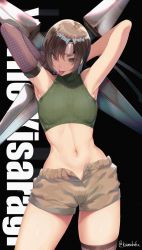 Rule 34 | 1girl, :p, armpits, arms up, bare shoulders, black background, breasts, brown eyes, brown gloves, brown hair, brown shorts, brown thighhighs, character name, contrapposto, crop top, elbow gloves, final fantasy, final fantasy vii, final fantasy vii remake, forehead protector, gloves, highres, holding, holding weapon, huge weapon, kamaboko (ossann0125), looking at viewer, navel, open clothes, open fly, open shorts, short hair, short shorts, shorts, simple background, single elbow glove, single glove, single thighhigh, sleeveless, small breasts, solo, stomach, thighhighs, toned, tongue, tongue out, twitter username, weapon, yuffie kisaragi