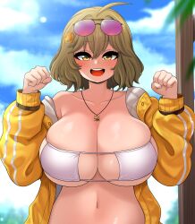 Rule 34 | 1girl, absurdres, ahoge, anis (nikke), anis (sparkling summer) (nikke), bikini, blue sky, breasts, brown hair, cleavage, clenched hand, cloud, cloudy sky, collarbone, day, goddess of victory: nikke, hair between eyes, highres, huge breasts, jacket, jewelry, looking at viewer, medium hair, navel, necklace, open clothes, open jacket, open mouth, outdoors, sky, smile, solo, sunglasses, swimsuit, teeth, the only shoe, tongue, upper body, upper teeth only, white bikini