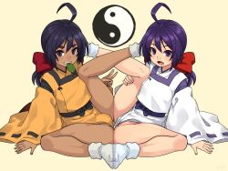 2girls ahoge bakumatsu_rouman black_hair bow bulge dark-skinned_female dark_skin dual_persona facial_mark fang futanari grin holding_own_leg ichijou_akari japanese_clothes leaf leg_lift looking_at_viewer low_ponytail mouth_hold multiple_girls no_panties onmyouji open_mouth orange_shorts paid_reward_available partially_visible_vulva ponytail purple_eyes purple_hair raccoon_girl raccoon_tail red_bow sash shorts simple_background smile stupa13a tabi tail v whisker_markings white_shorts wide_sleeves yin_yang