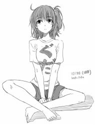 Rule 34 | 1girl, :&lt;, alternate costume, barefoot, casual, closed mouth, fate/grand order, fate (series), fujimaru ritsuka (female), full body, greyscale, hako roku, looking up, monochrome, one side up, shirt, short hair, short sleeves, shorts, sketch, solo, t-shirt
