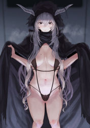Rule 34 | 1girl, arknights, black one-piece swimsuit, blush, breasts, brown eyes, casual one-piece swimsuit, cleavage, cloak, closed mouth, feet out of frame, female focus, female pubic hair, gino (gino h), gluteal fold, grey hair, highres, hood, hooded cloak, horns through hood, large breasts, long hair, looking at viewer, navel, one-piece swimsuit, open cloak, open clothes, pubic hair, shining (arknights), smile, solo, standing, steaming body, stomach, swimsuit, very long hair