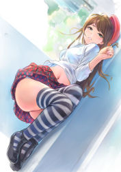 Rule 34 | 1girl, ankle strap, beret, black thighhighs, blouse, blurry, breasts, brown eyes, brown hair, carina (xiaowoo), clothes lift, day, depth of field, earrings, full body, hat, highres, jewelry, legs together, long hair, lying, mayu (carina), midriff, midriff peek, nail polish, navel, on side, original, panties, parted bangs, parted lips, red hat, shirt, shirt lift, shoes, skirt, solo, striped clothes, striped thighhighs, stud earrings, thighhighs, thighs, underwear, upskirt, white shirt, white thighhighs