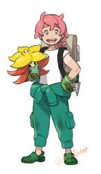 Rule 34 | 1boy, aged down, artist name, backpack, bag, creatures (company), crocs, dirty, dirty clothes, freckles, full body, game freak, gen 8 pokemon, gloves, gossifleur, green eyes, green gloves, green jumpsuit, gym leader, hand on own hip, holding, holding pokemon, jumpsuit, kabo (friedpotat), male focus, milo (pokemon), nintendo, open mouth, pink hair, pokemon, pokemon (creature), pokemon swsh, shirt, short ponytail, simple background, t-shirt, tied sleeves, watermark, white background, white shirt