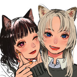 2girls animal_ears black_hair black_sweater blue_eyes blunt_bangs blush cat_ears collared_shirt fingernails grey_hair hand_on_another&#039;s_face highres ken_sogen kmnz lipstick lita_(kmnz) liz_(kmnz) long_hair looking_at_viewer makeup multiple_girls nail_polish one_eye_closed orange_nails parted_lips pink_eyes portrait purple_eyes red_lips shirt simple_background smile sweater virtual_youtuber white_background white_shirt wing_collar