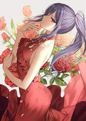 Rule 34 | 1girl, bang dream!, bare arms, bare shoulders, blush, breasts, collarbone, commentary request, dress, fingernails, flower, gambe, grey background, hands up, leaning back, long hair, looking at viewer, looking to the side, parted lips, petals, ponytail, purple hair, red dress, red eyes, red flower, red rose, rose, rose petals, seta kaoru, sleeveless, sleeveless dress, small breasts, solo, very long hair