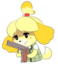 Rule 34 | animal crossing, gun, holding, holding gun, holding weapon, isabelle (animal crossing), nintendo, simple background, source request, weapon, white background