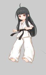 Rule 34 | 1girl, ahoge, barefoot, belt, black belt, black hair, blunt bangs, clenched hand, closed mouth, commentary request, dougi, full body, grey background, highres, kuma-bound, light frown, long hair, looking at viewer, martial arts belt, original, pants, red eyes, simple background, soles, solo, standing, toes, white pants