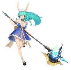 Rule 34 | 1girl, absurdres, animal ears, ankle strap, bad id, bad pixiv id, bare shoulders, blue dress, blue hair, breasts, cleavage, closed mouth, commission, detached collar, detached sleeves, dress, full body, gluteal fold, hairband, halberd, highres, holding, holding weapon, long hair, looking at viewer, mary janes, no panties, original, pigeon-toed, polearm, romana, runes, see-through, see-through dress, shiny skin, shoes, short sleeves, sidelocks, solo, standing, standing on one leg, star (symbol), strapless, thigh gap, weapon, white background, yellow eyes